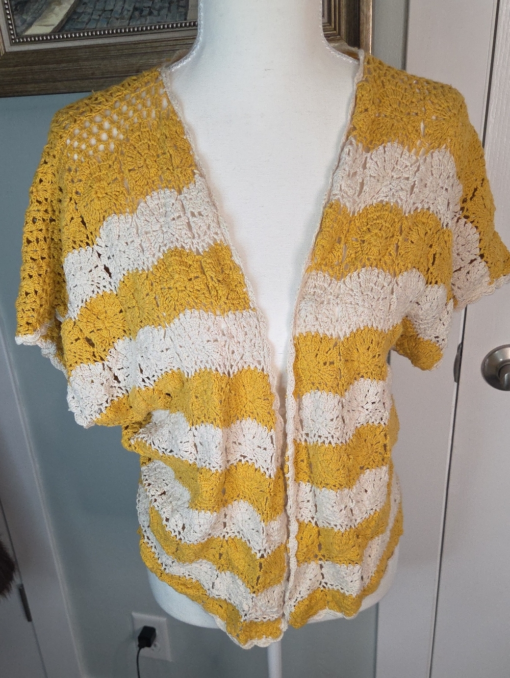 Flying Tomato Yellow & Cream Crochet Open Cardigan